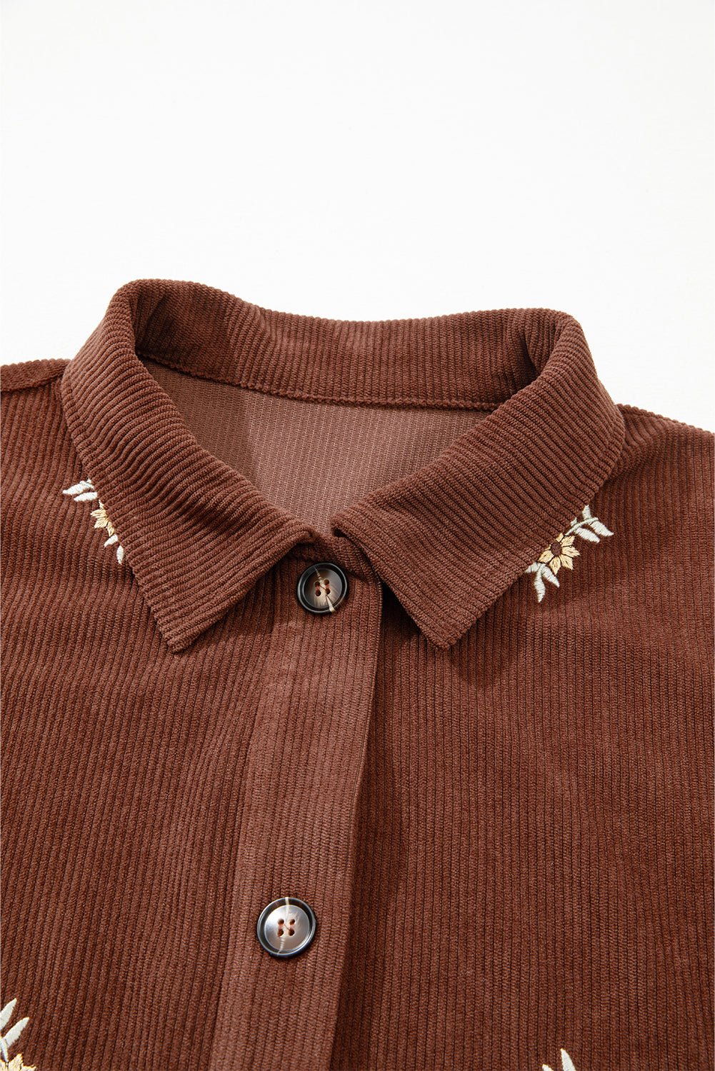 Coffee Floral Embroidered Collar Button Front Corduroy Jacket With Pocket