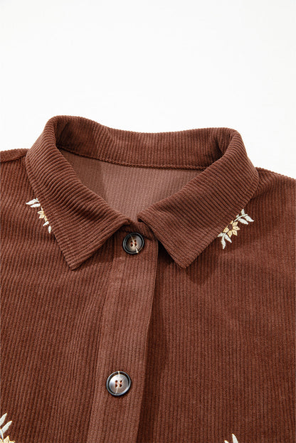 Coffee Floral Embroidered Collar Button Front Corduroy Jacket With Pocket