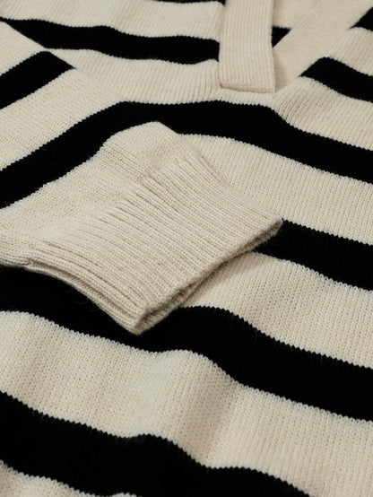 Apricot Striped Knit Collared V Neck Sweater with Drop Shoulder