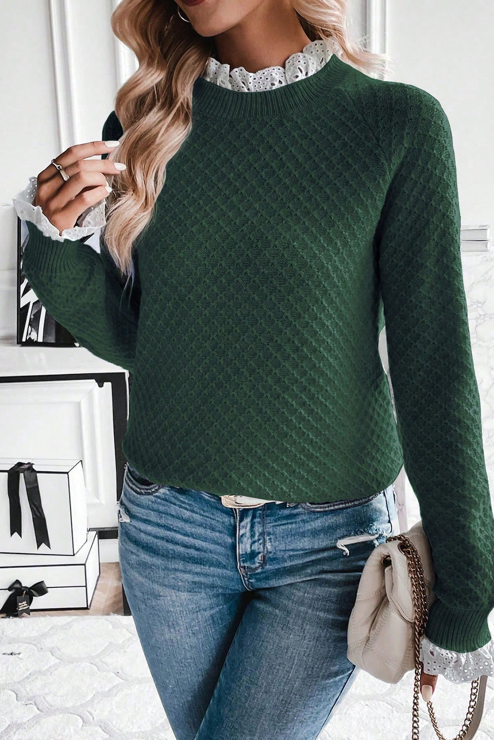 Mist Green  Contrast Lace Frilled Trim Raglan Sleeve Sweater