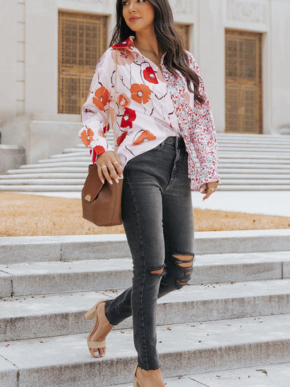 Fiery Red Floral Patchwork Button-Up Blouse with Front Pocket