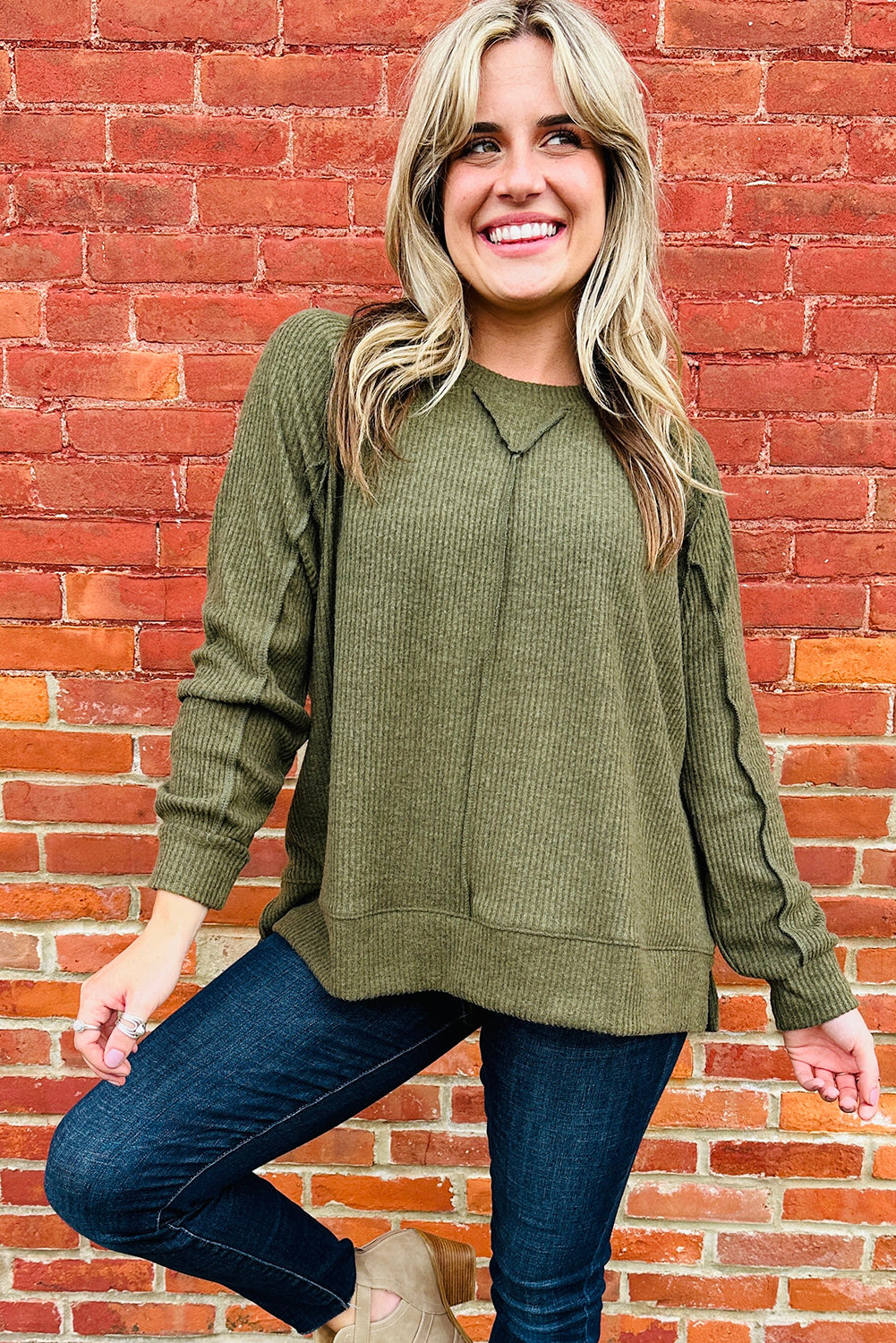 Seagrass Ribbed Knit Exposed Seam Detail Oversize Long Sleeve Top