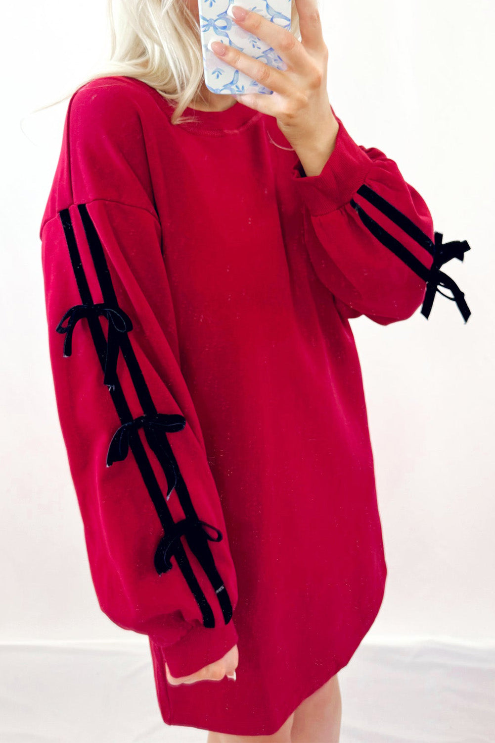 Racing Red Contrast Striped Bow Detail Drop Shoulder Tunic T Shirt Dress