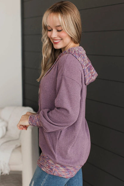 Toadstool Ribbed Texture Contrast Trim Drawstring Hooded Long Sleeve Top