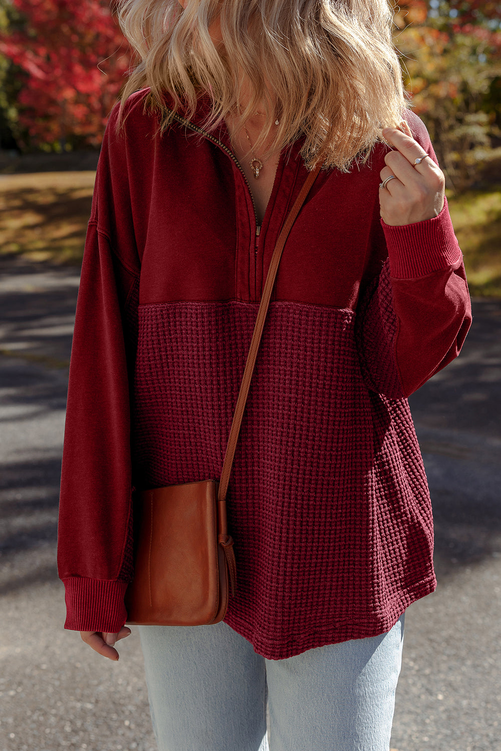 Red Dahlia Waffle Knit Patchwork Half Zipped Casual Sweatshirt