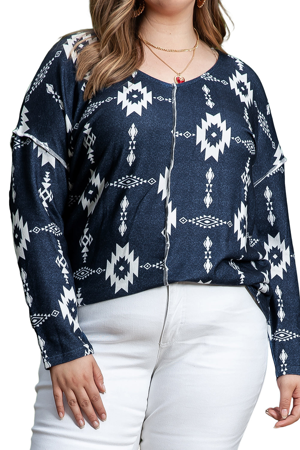 Cozy Grey Aztec Print V-Neck Plus Size Top