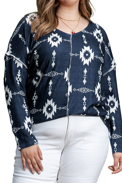 Cozy Grey Aztec Print V-Neck Plus Size Top