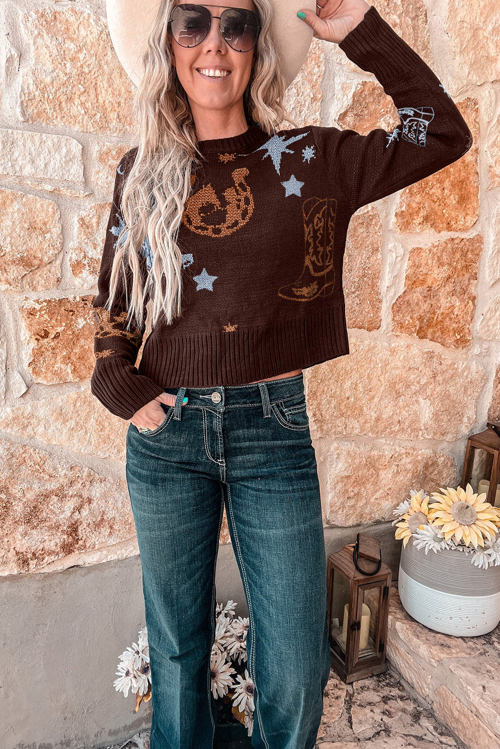 Brown Cowgirl Fashion Print Casual Sweater