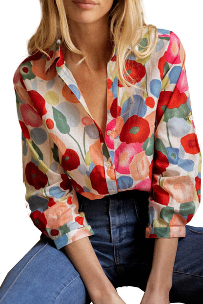 Ink Blossom Lapel Long Sleeve Blouse