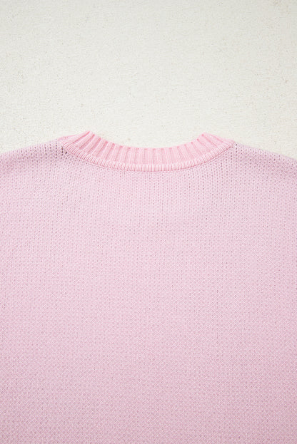 Pink Christmas Ginger Bread Man Print Round Neck Casual Sweater