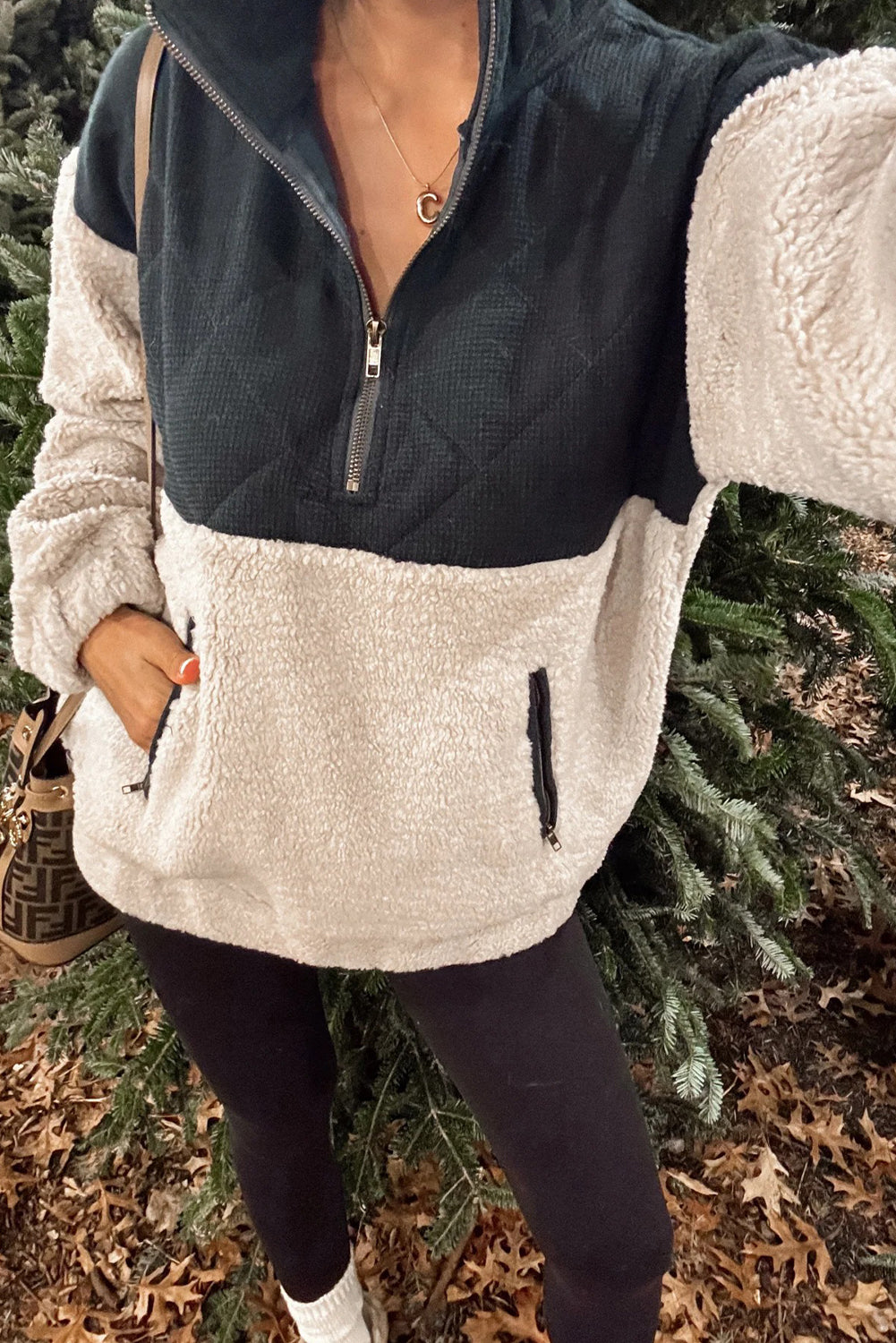 Black Colorblock Quilted Colorblock Patchwork Plush Zip up Collared Sweatshirt