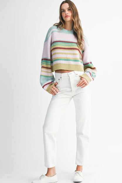 Multicolour Striped Knit Ribbed Trim Cropped Baggy Sweater