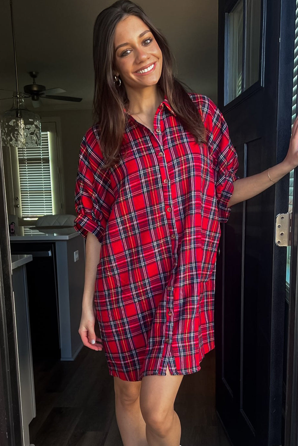 Red Plaid Half Sleeve Shift Shirt Mini Dress