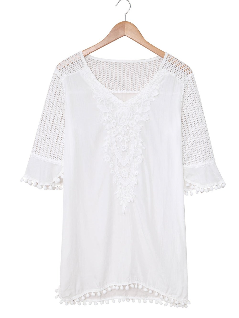 White Crochet Pom Pom Trim Beach Tunic Shift Dress