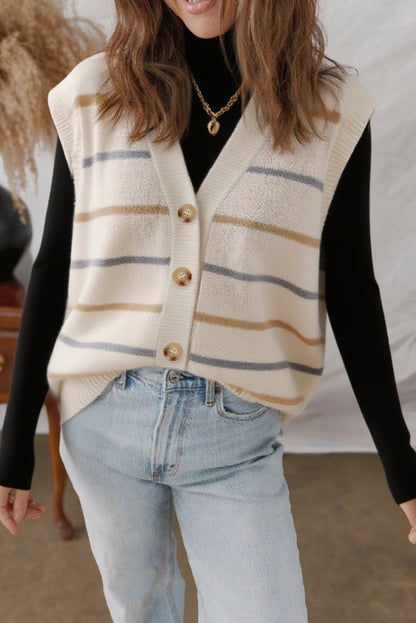 Multicolour Striped Print Button V Neck Sweater Vest