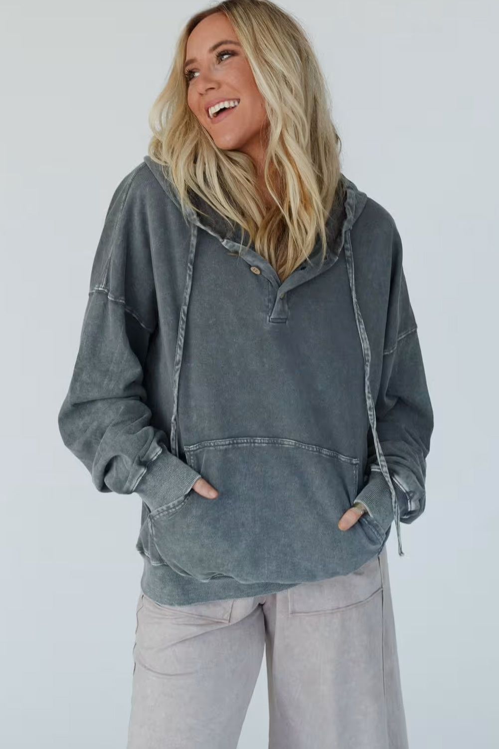 Dark Grey Mineral Wash Button Drawstring Neck Hooded Sweatshirt