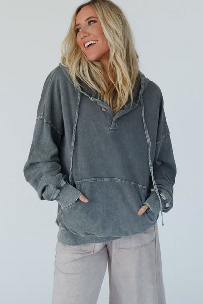 Dark Grey Mineral Wash Button Drawstring Neck Hooded Sweatshirt