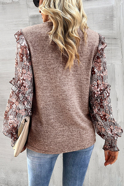 Elegant Pale Chestnut Floral Ruffle Sleeve Blouse