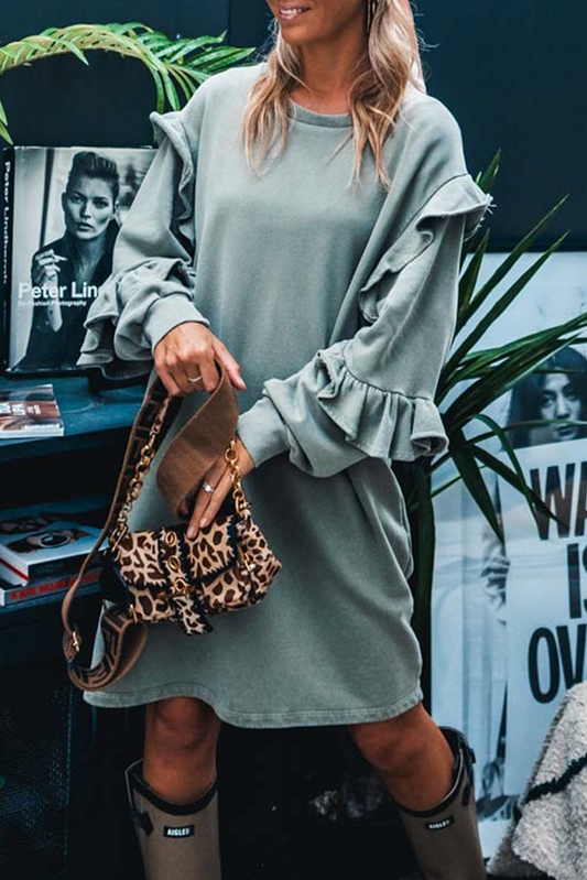 Haze Blue Ruffled Shift Knit Long Sleeve Mini Dress