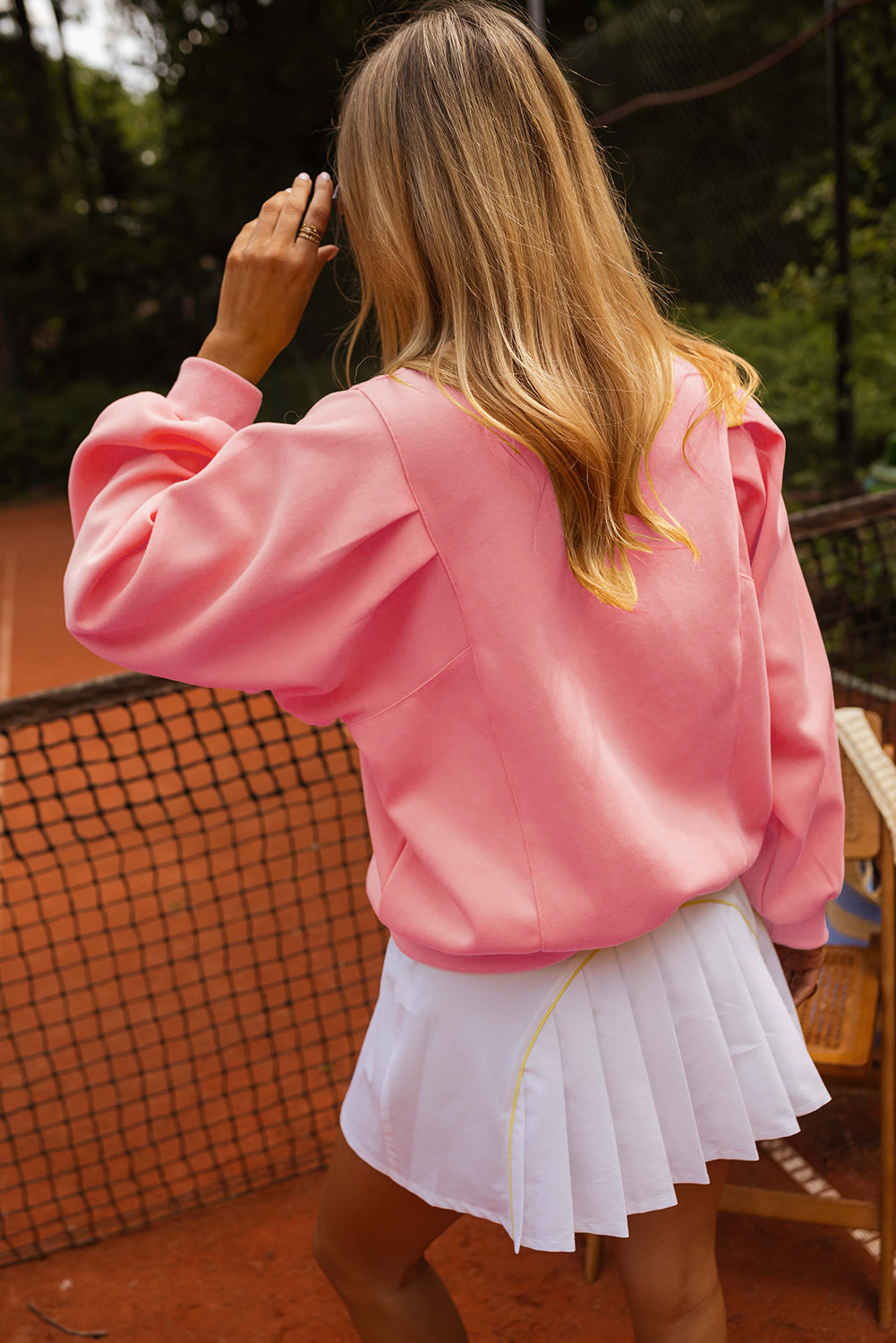 Peach Blossom Pleated Balloon Sleeve Pullover Solid Sweatshirt