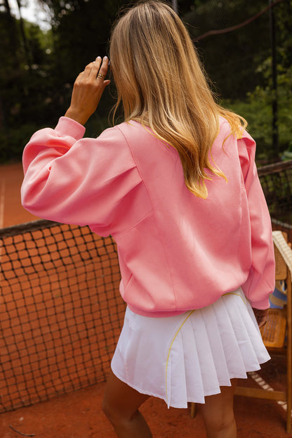 Peach Blossom Pleated Balloon Sleeve Pullover Solid Sweatshirt