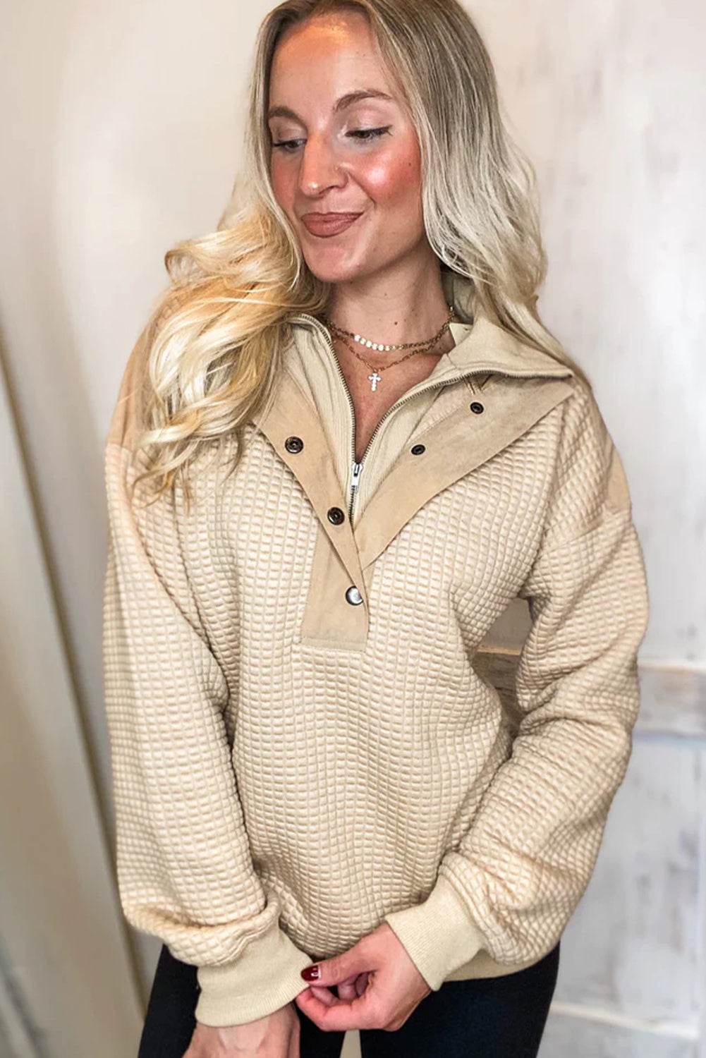 Tan Button Zip Double Collar Patchwork Waffle Textured Hoodie