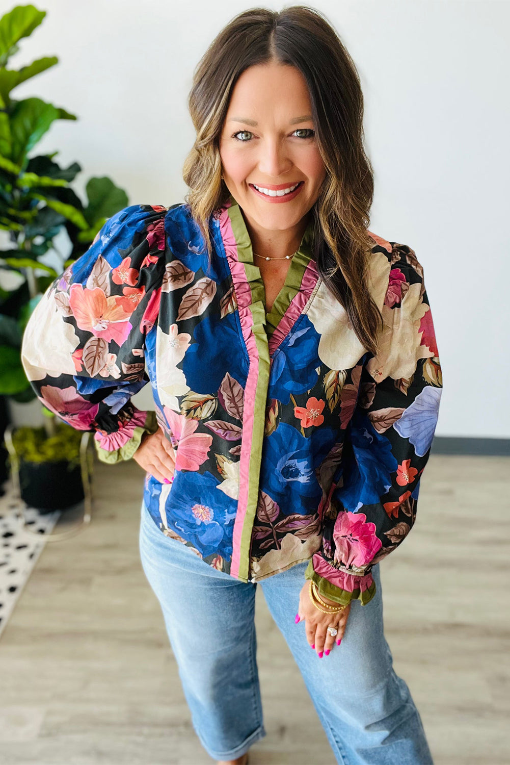 Blue Fall Leaf Floral Print Frilly Striped Trim V Neck Puff Sleeve Blouse