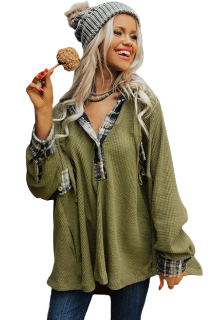 Green Plaid Patchwork Waffle Knit Henley Hoodie with Oversized Fit