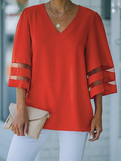 Fiery Crimson V Neck Blouse with Flare Sleeves