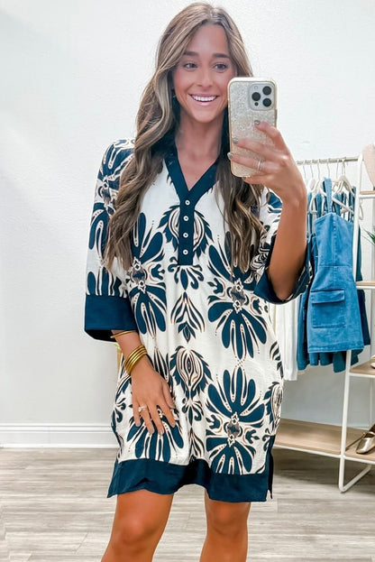 Black Vacation Floral Print Color Block Trim Shirt Collar 3/4 Sleeve Shift Mini Dress