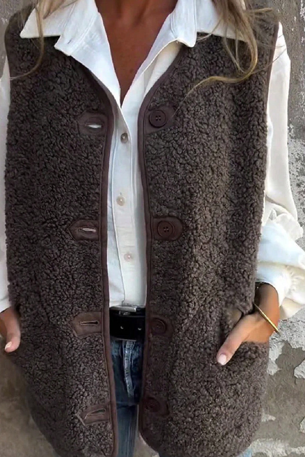 Dark Brown V Neck Button Front Plush Teddy Vest
