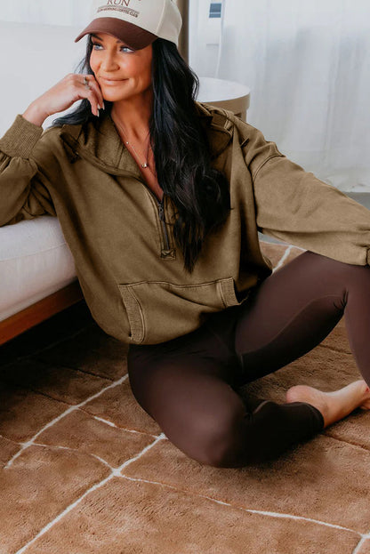 Elmwood Half Zip Kangaroo Pocket Mineral Wash Baggy Hoodie