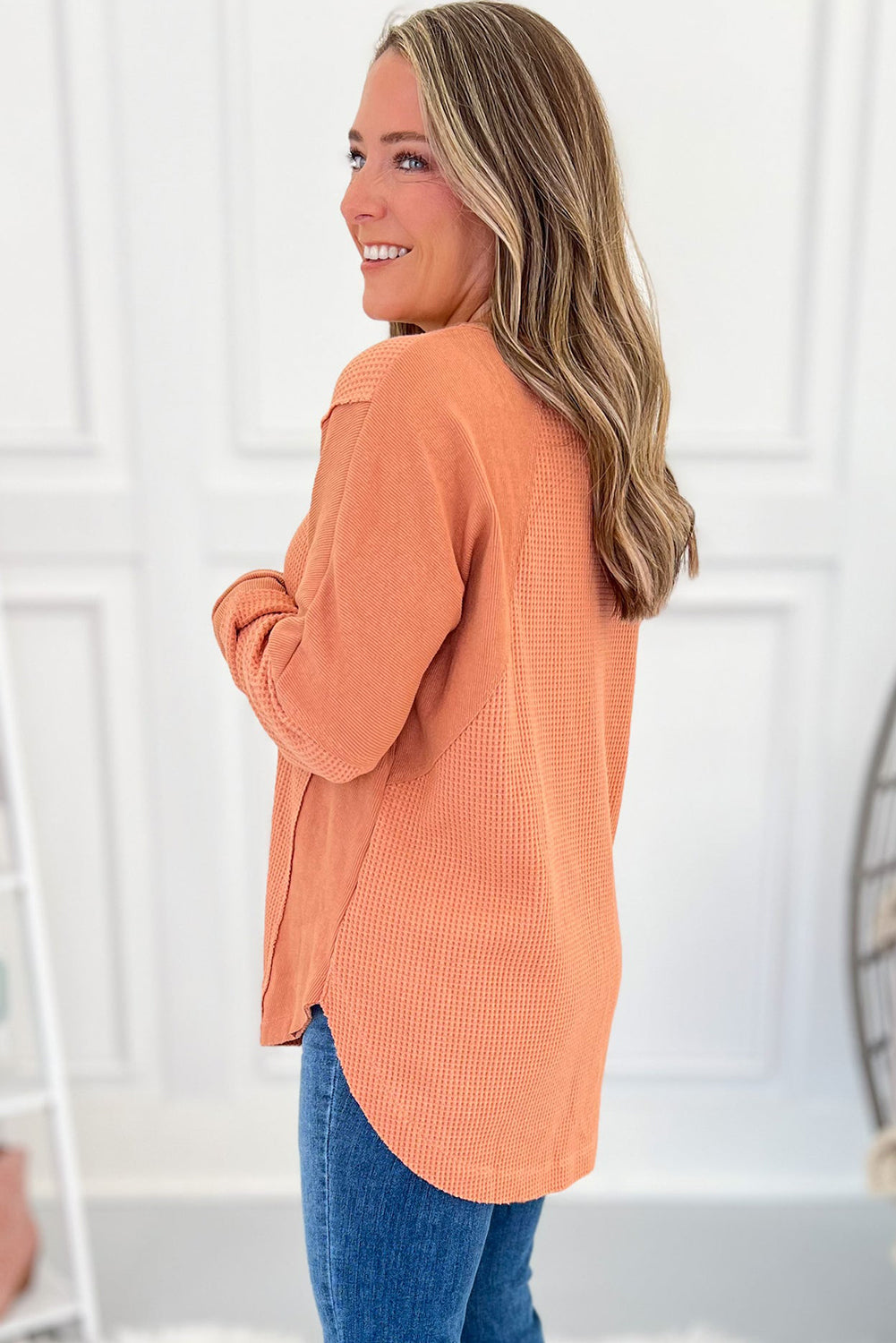 Grapefruit Orange Waffle Knit Patchwork Loose Casual Top