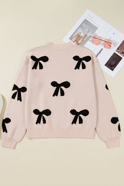 Smoke Gray Pearl Embellished Bow Pattern Loose Sweater