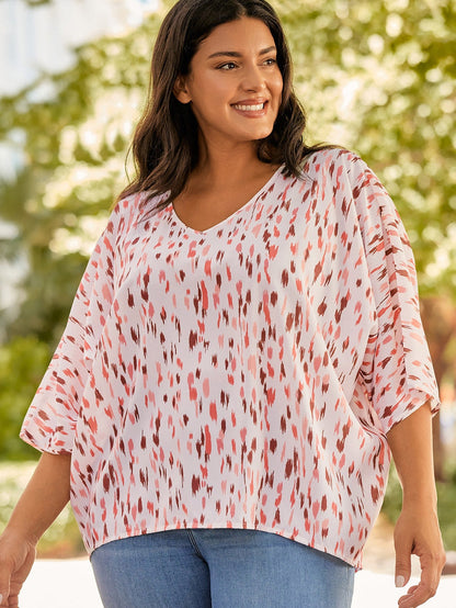 Pink Leopard Print Oversized Dolman Sleeve Plus Size Blouse