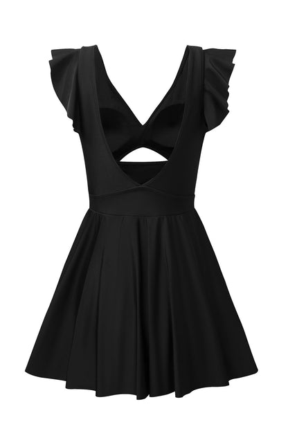 Sleek Black Crossed Cutout One Piece Swimsuit Dress