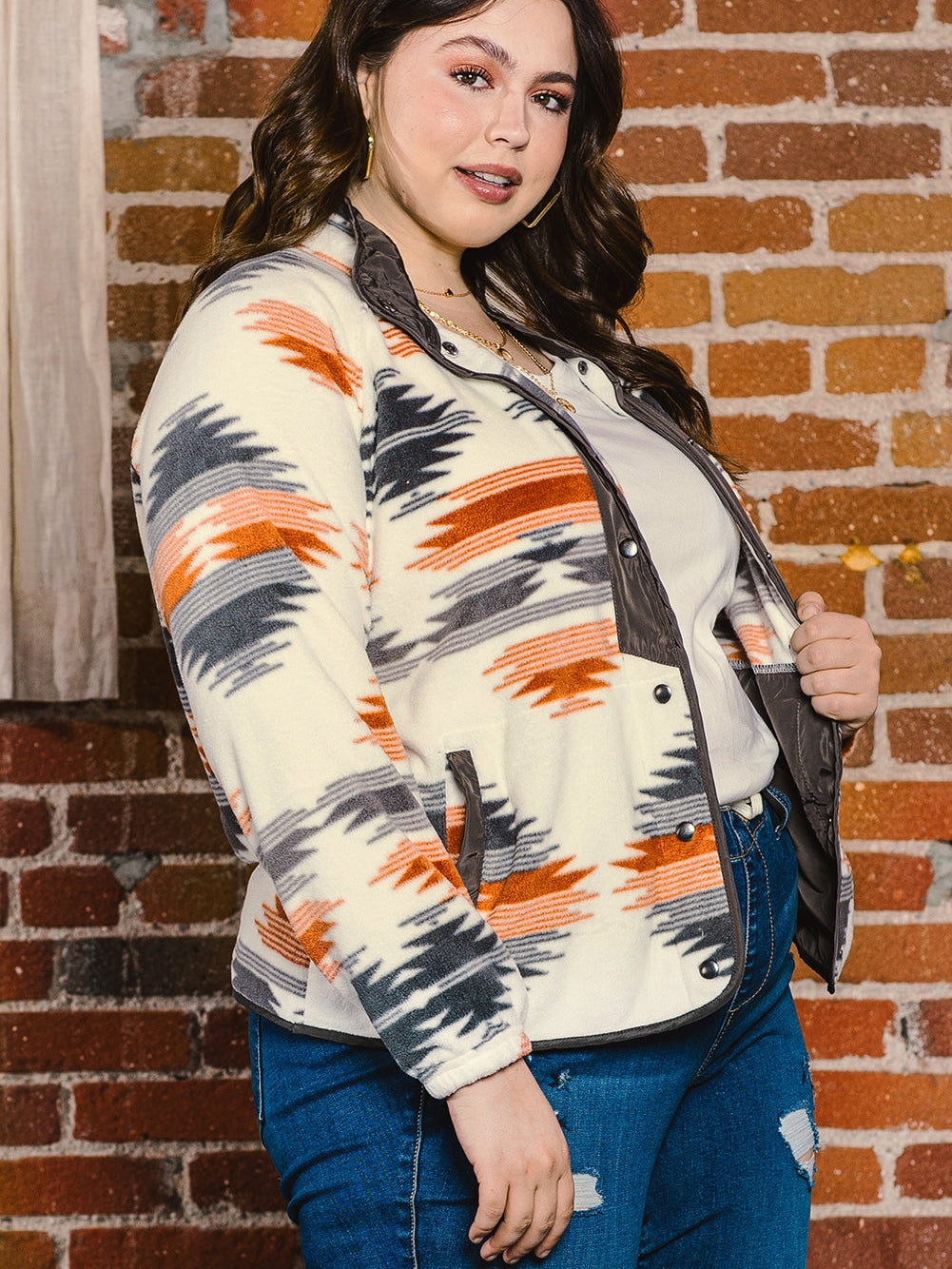 Aztec Print Stand Neck Plus Size Jacket in Grey Geo Patchwork
