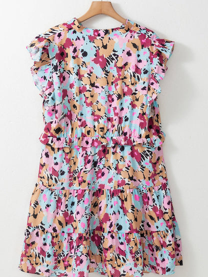 Red Floral Ruffled Cap Sleeve Plus Size Mini Dress