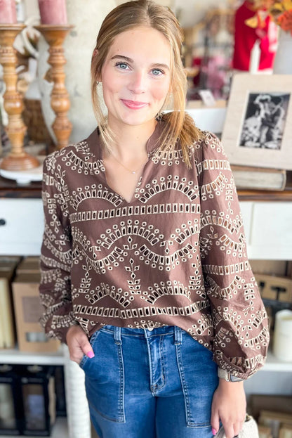 Coffee Embroidered Pattern Notched Neck Long Sleeve Blouse