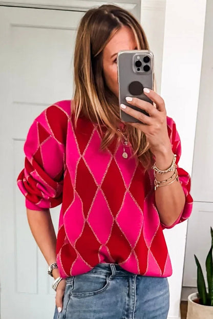 Rose Red Glitter Rhombus Pattern Knit Womens Casual Sweater