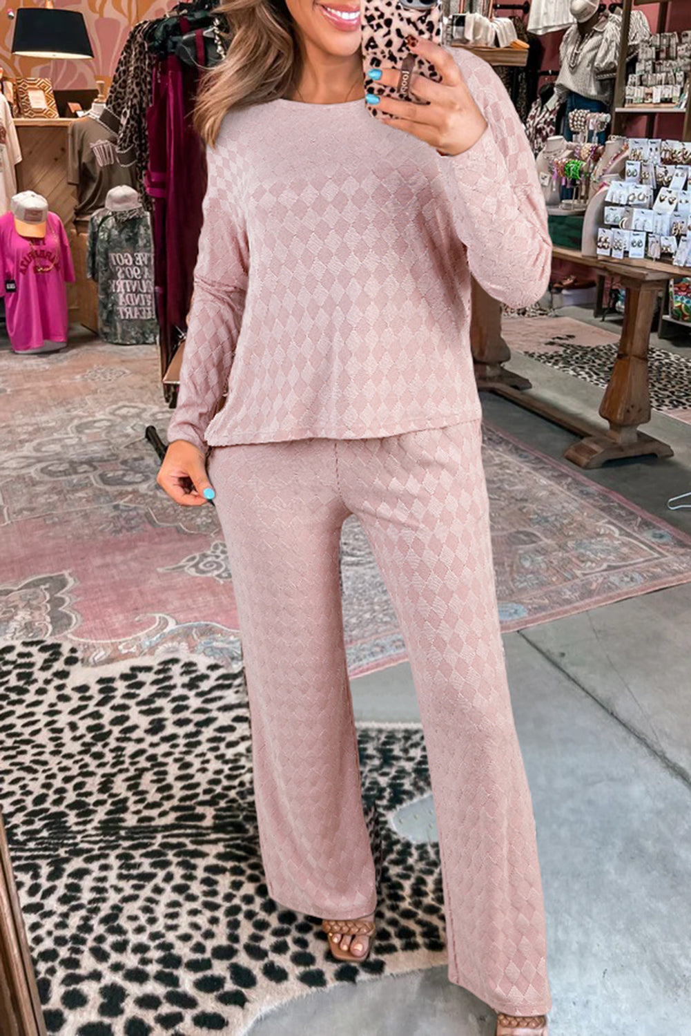 Light Pink Rhombus Pattern Knit Long Sleeve Top Pocketed Drawstring Lounge Pant Set