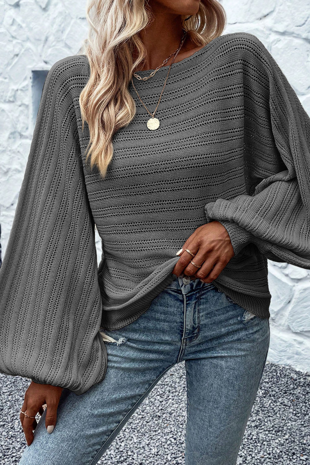 Elegant Dark Grey Eyelet Textured Knit Sweater with Lantern Sleeves