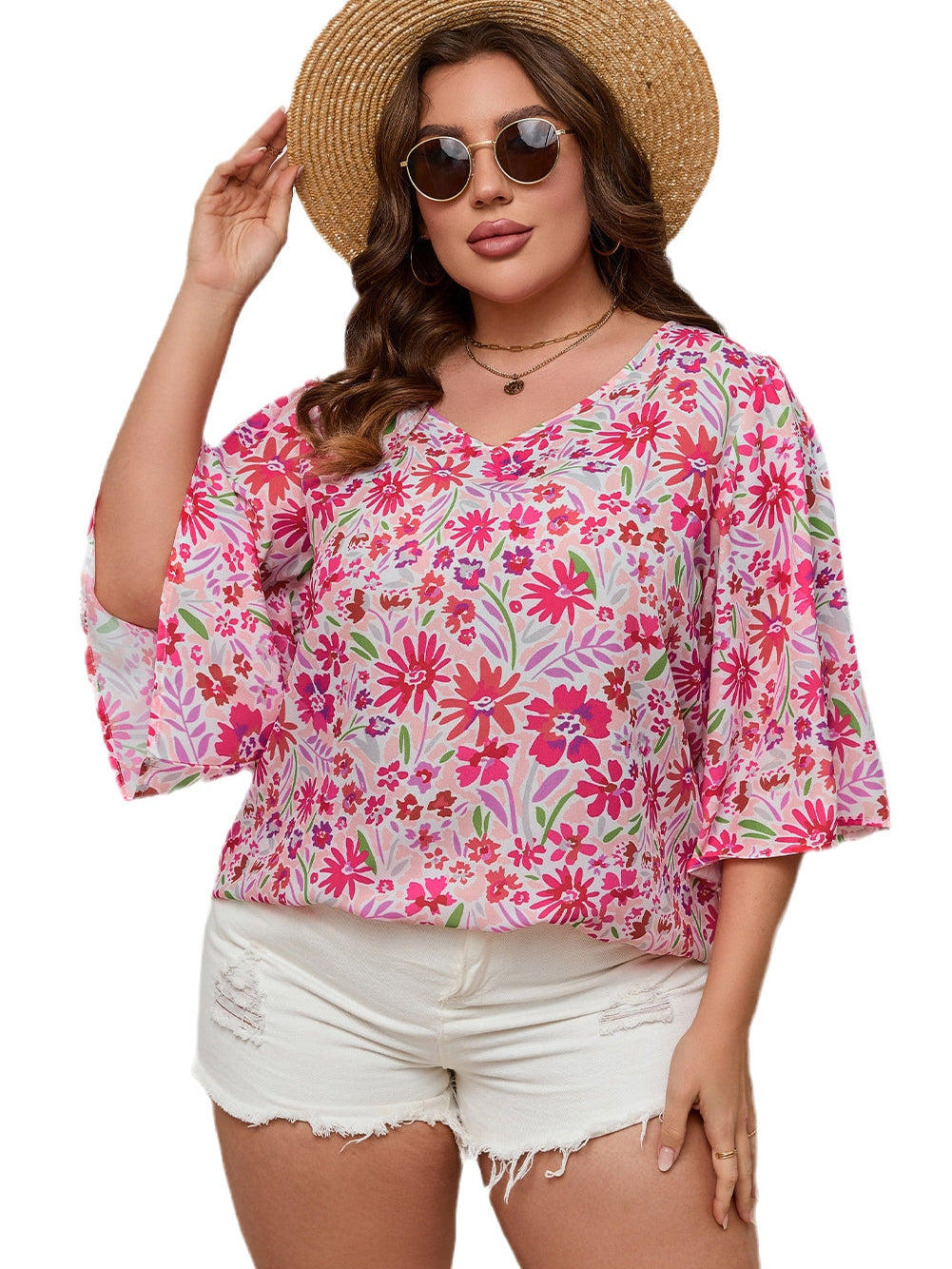 Pink Blossom Ruffle Sleeve V-Neck Plus Size Top