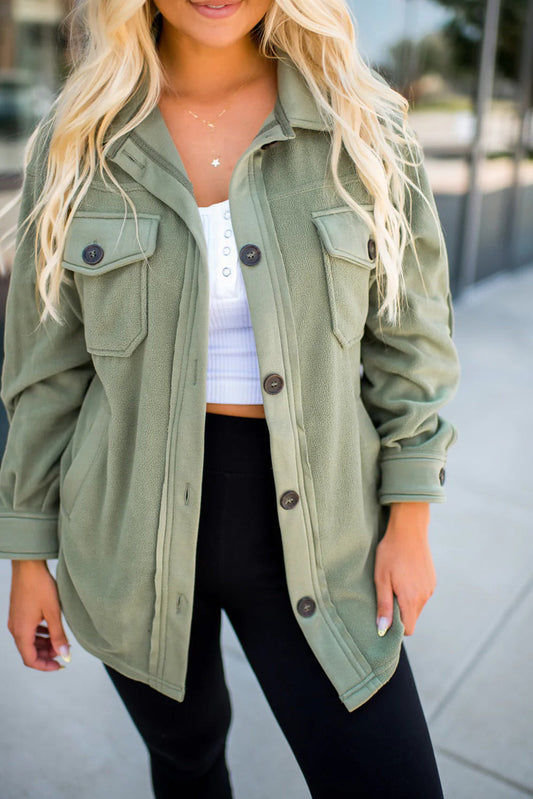 Smoke Green Solid Color Exposed Seam Patchwork Button Down Fleece Shacket