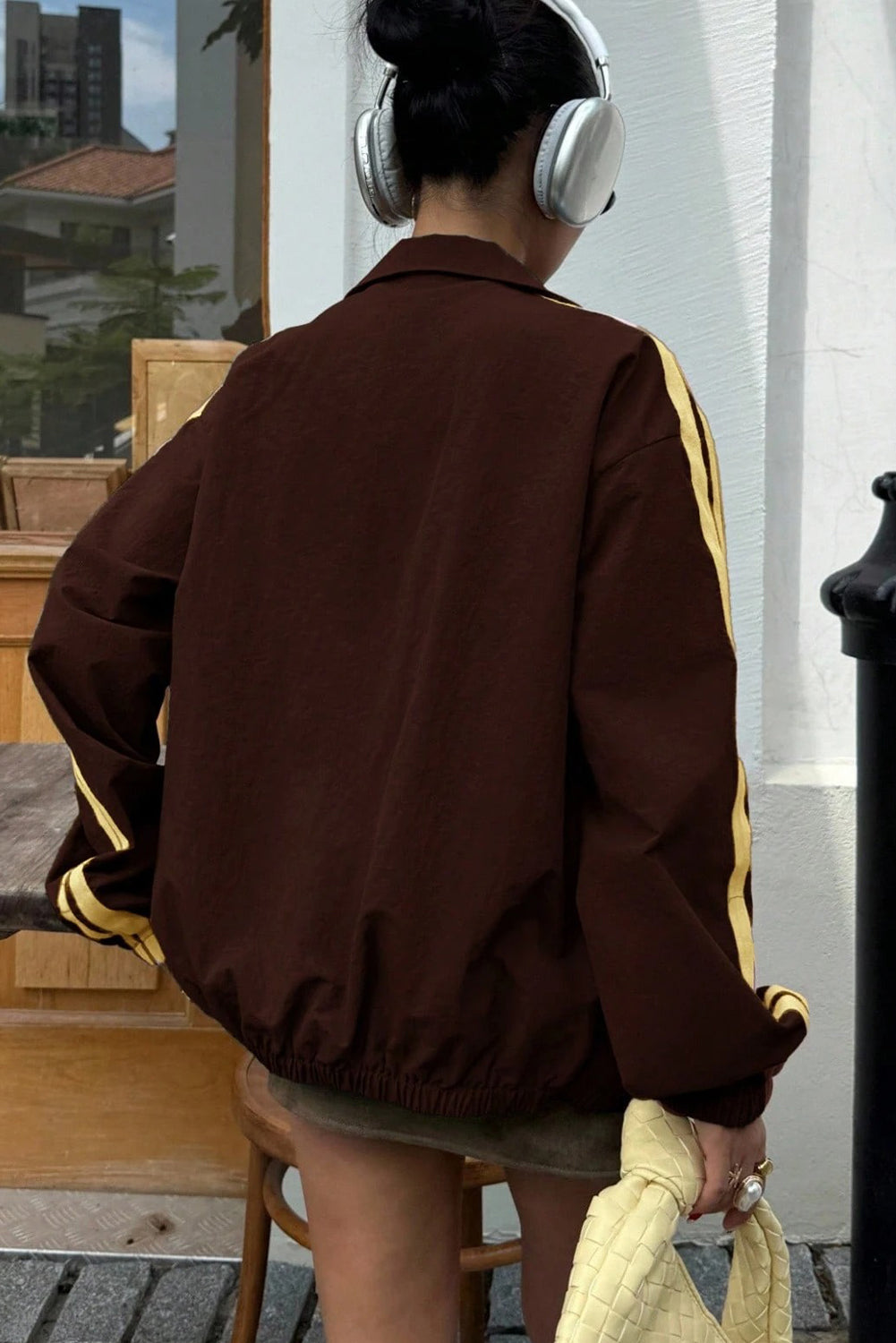 Coffee Bow Embroidered Detail Zip Up Sweatshirt Womens Jacket