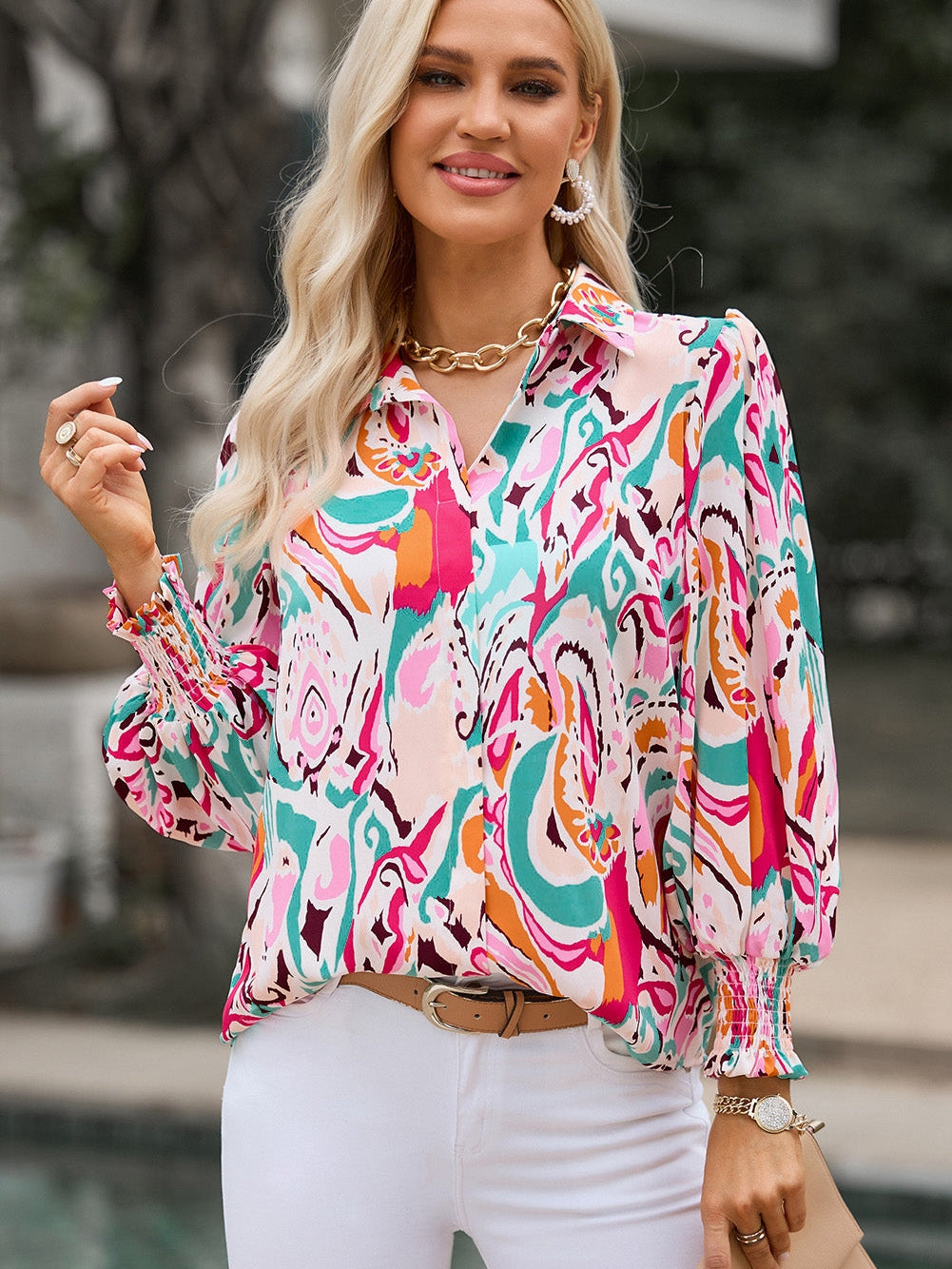 Fiery Red Paisley Lantern Sleeve Blouse