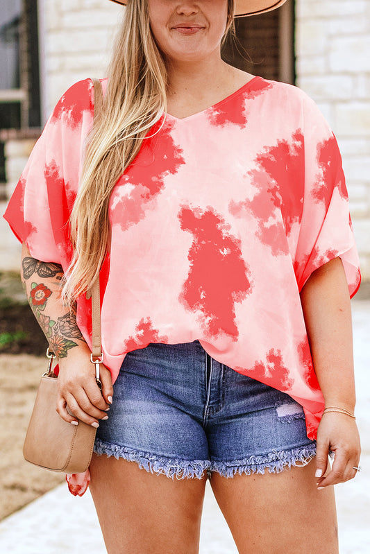 Crimson Tie-Dye Oversized 3/4 Sleeve Tunic Blouse