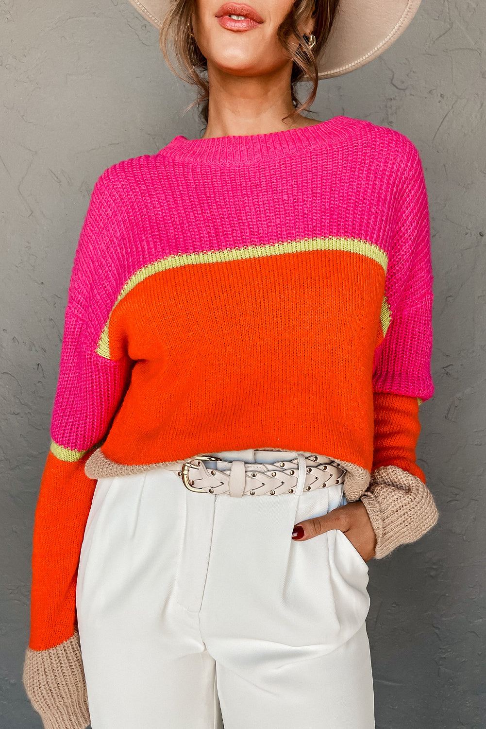 Orange Color Block Drop Shoulder Chic Casual Sweater