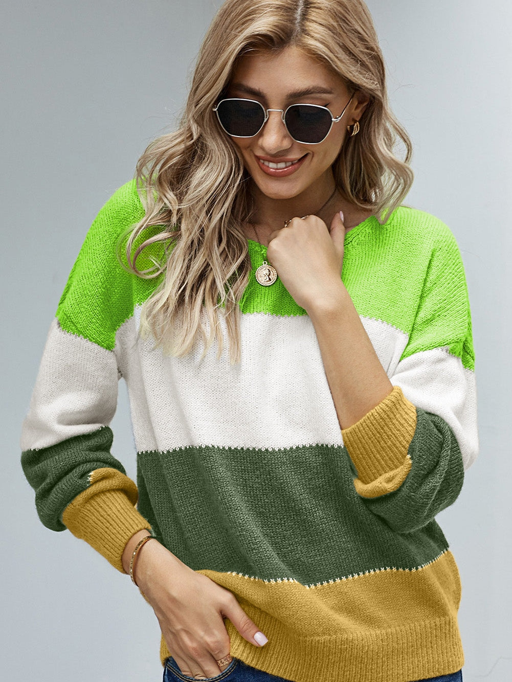 Green Color Block Winter Sweater - Stylish Pullover for Women