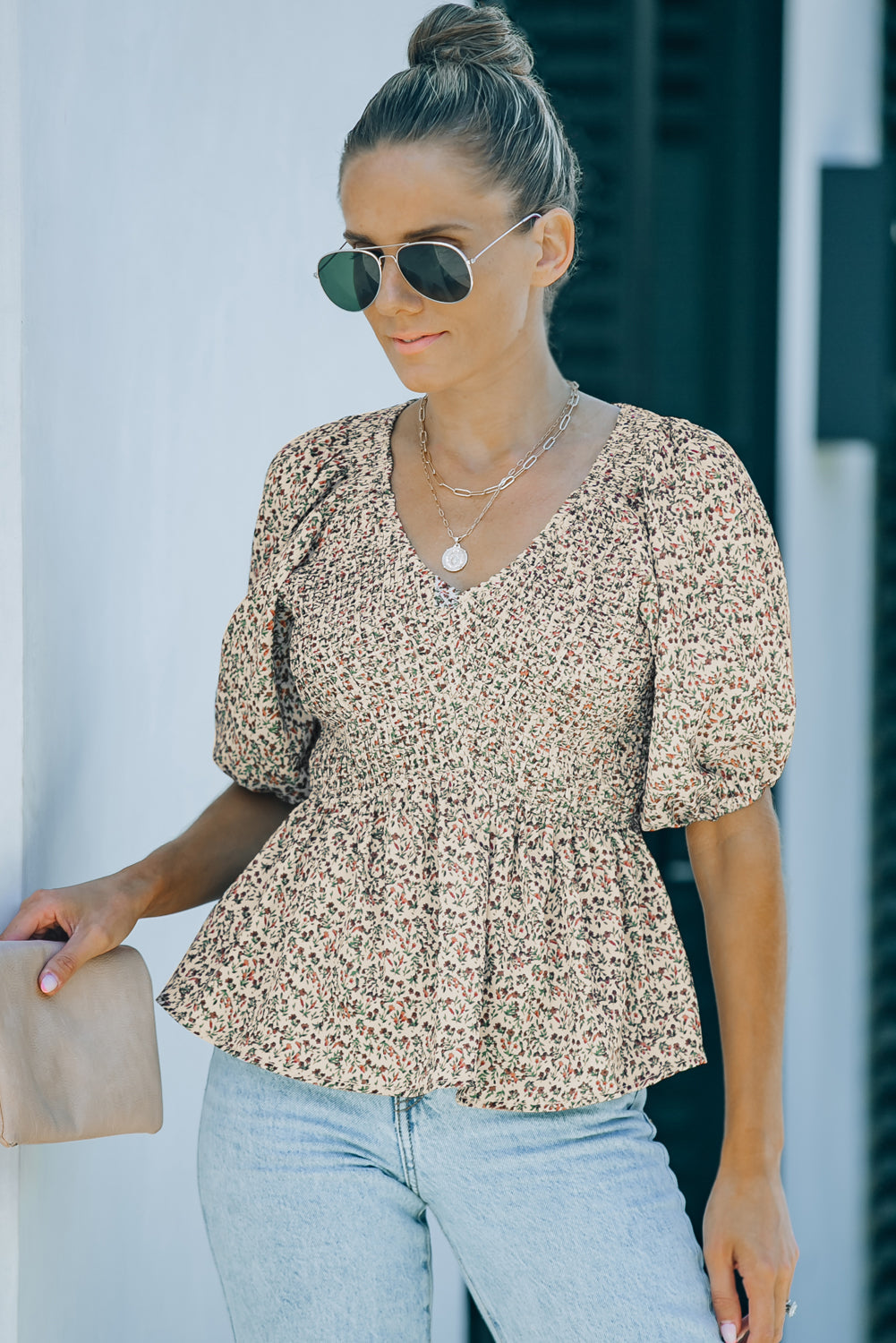 Floral Puff Sleeve Peplum Blouse